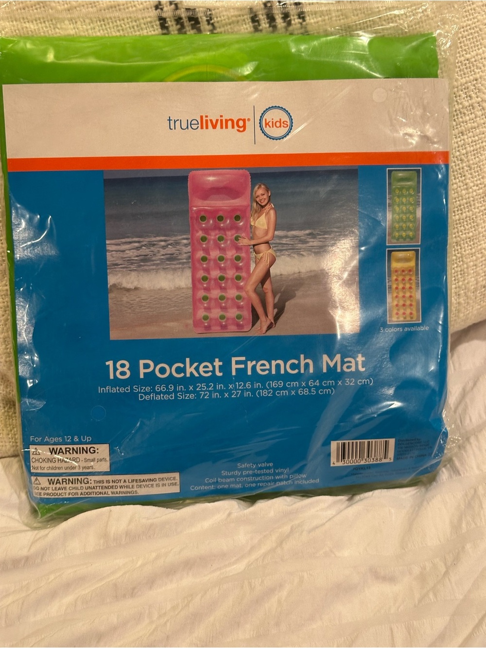 True Living Kids 18-Pocket French Mat - Pool Float / Lounger green & yellow. NWT